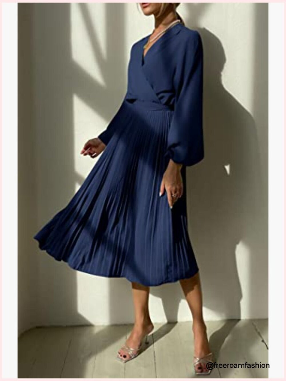 Midi Dress Long Puff Sleeve Wrap V Neck Flowy Ruffle Pleated Casual - Picture 4 of 7